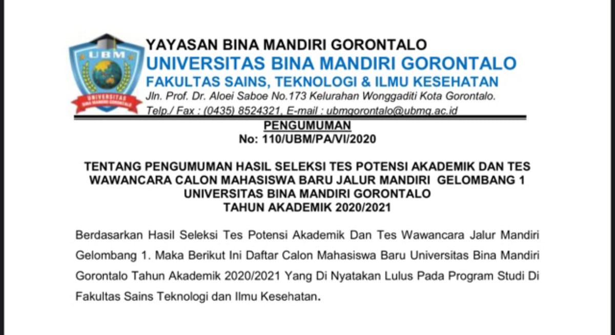 UBM Gorontalo Umumkan Hasil TPA & Wawancara Jalur Mandiri