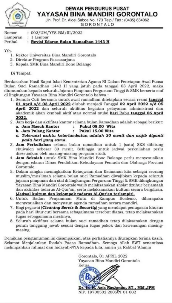 Besok, Pelayanan di Kampus UBM Normal Kembali Usai Cuti Awal Ramadan