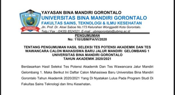 UBM Gorontalo Umumkan Hasil TPA & Wawancara Jalur Mandiri