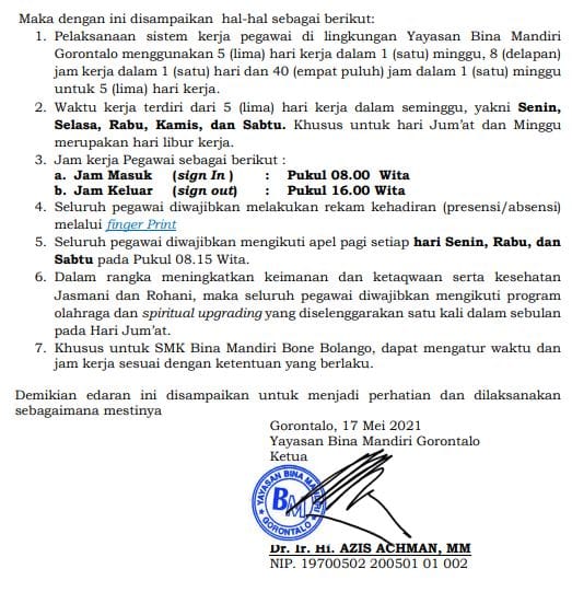Ketua Yayasan Keluarkan Surat Edaran, Hari Kerja Pegawai YBMG Berubah